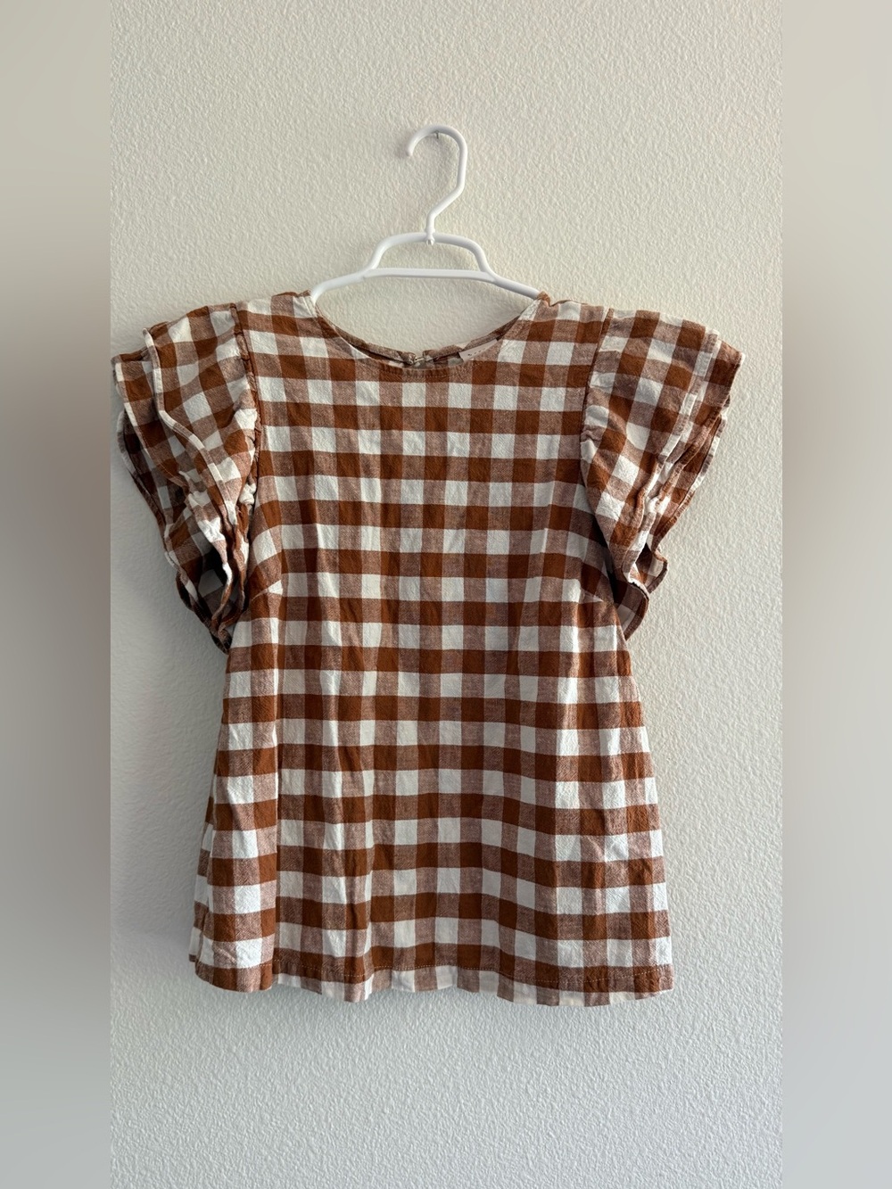 a new day Brown and White Gingham Ruffle Sleeve Top Linen Blend